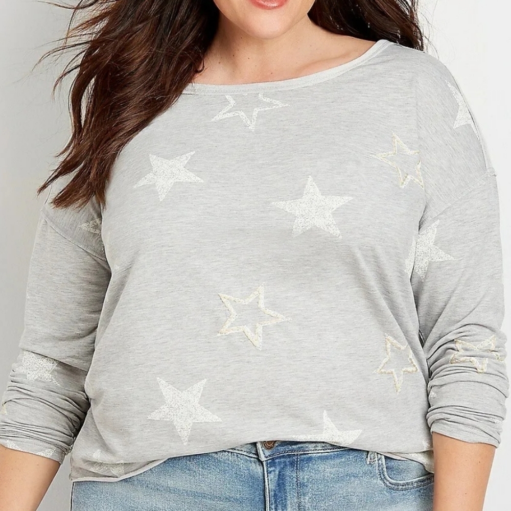 Maurices Casual Oversized Relax Fit Girly Star Pattern Long Sleeve Top 1X